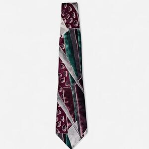 Burgundy Green and Grey Geometric 1980s J. T. Beckett Silk Neck Tie